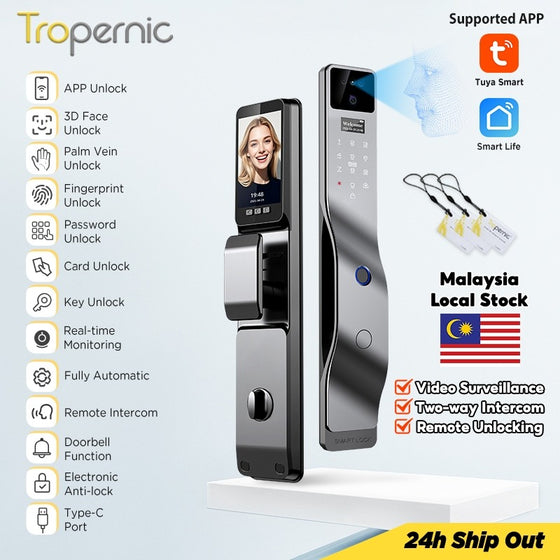 [Ready Stock] 7 In 1 Tuya Fully Automatic Smart Door Lock with HD Camera Palm Unlock Video Surveillance 6068 Security Door Lock APP Remote Unlock Keyless Digital Lock Support Two Way Intercom