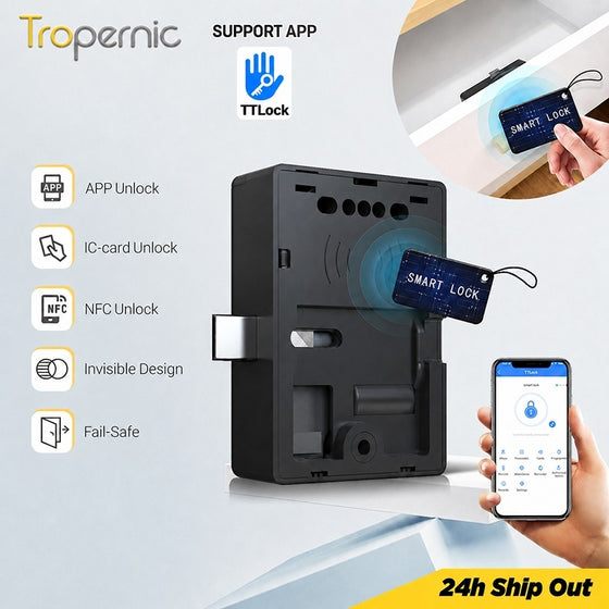 TTLOCK Smart Cabinet Lock with App Management, RFID IC Card Unlock, Keyless Hidden Drawer Lock, Bluetooth Unlock