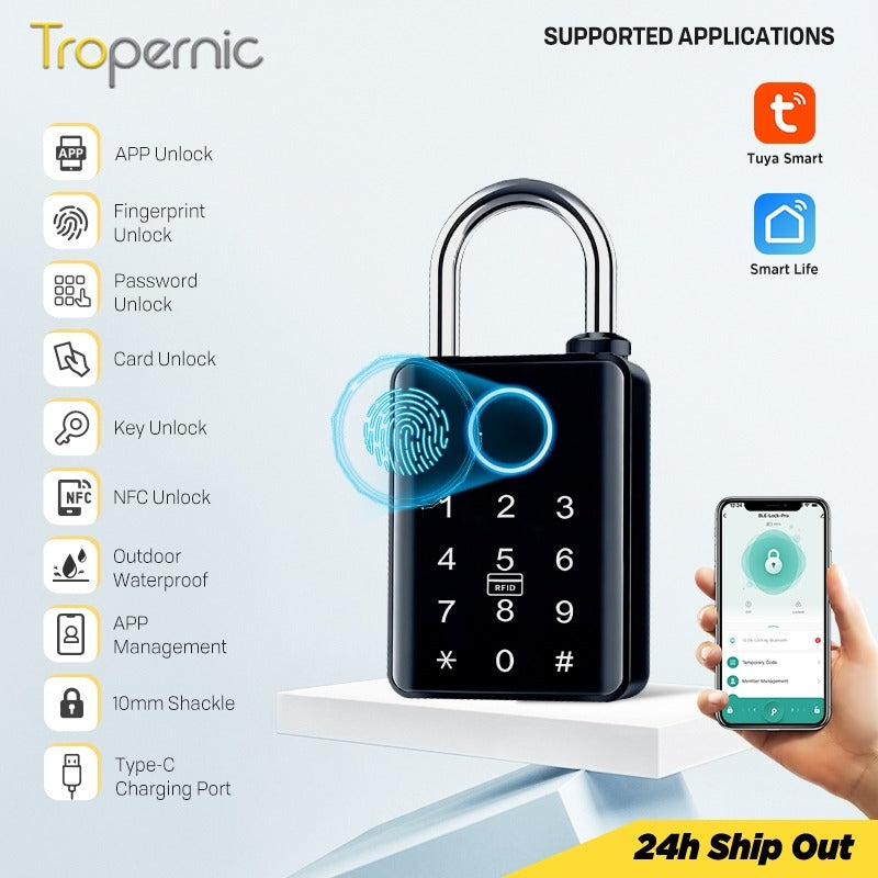 Heavy Duty Tuya BLE Smart Padlock with 10mm Shackle IP65 Waterproof 5 In 1 Fingerprint Padlock for Outdoor Warehouse APP Managed