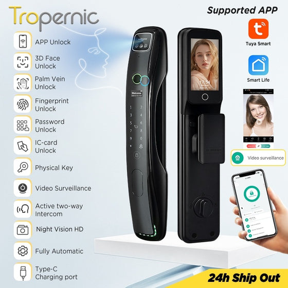 [Video Surveillance] 7 In 1 Tuya Smart Door Lock with HD Security Camera Fully Automatic Safety Door Digital Lock with Intercom Function