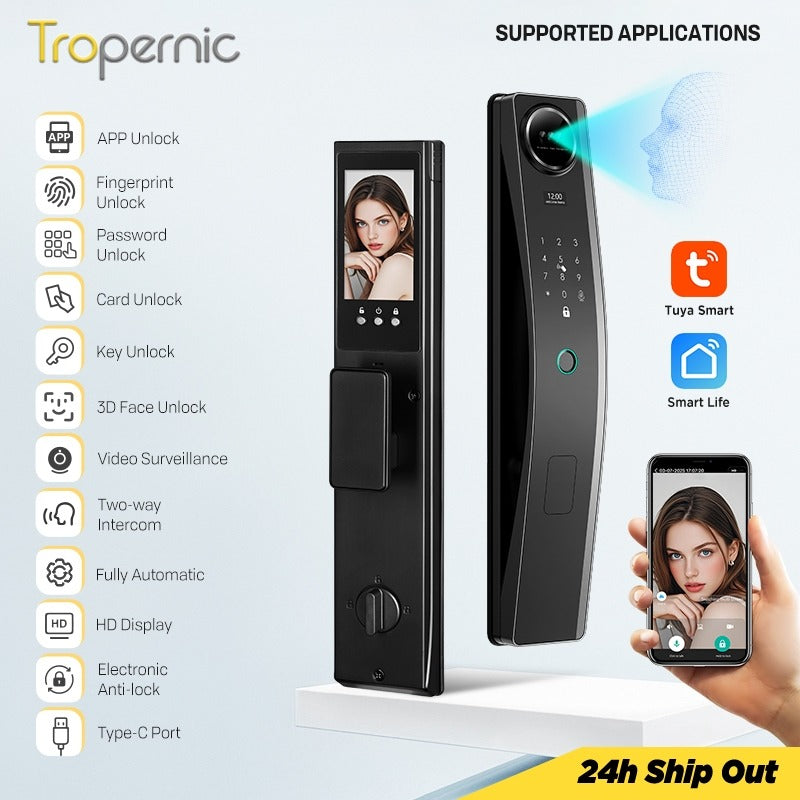 6 In 1 Tuya Smart Door Lock 3D Face Recognition Video Intercom Fully Auto Lock Pintu Rumah with Mechanical Deadlock APP Remote Unlock for Main Door