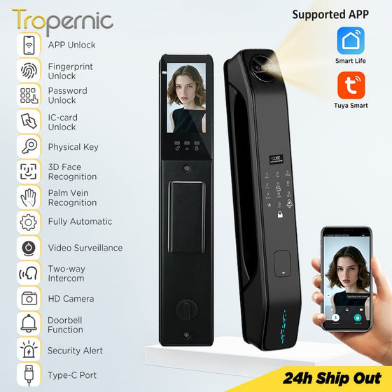 7 In 1 Tuya Smart Door Lock with HD Camera Video Surveillance APP Remote Unlock Fully Automatic Security Door Digital Lock Face Palm Print Unlock Kunci Pintu Rumah