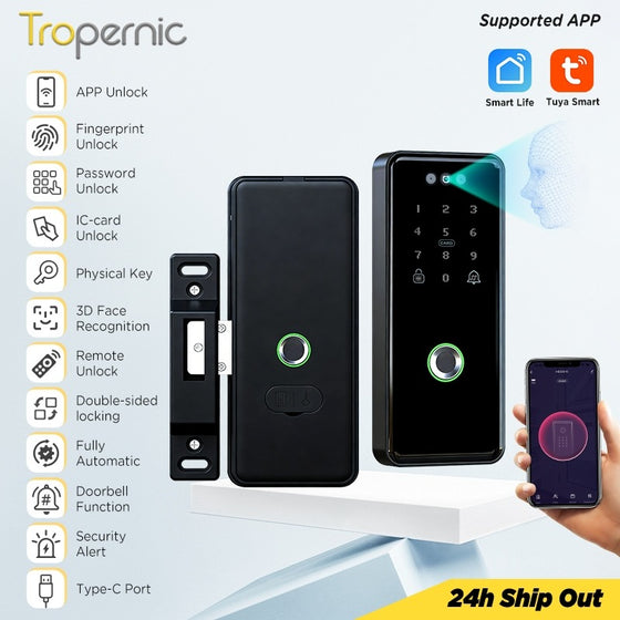 [Gate Door Lock] Tuya Double Side Smart Door Lock with Doorbell Fully Automatic 3D Face Unlock APP Remote Unlock Fingerprint Digital Lock for Home