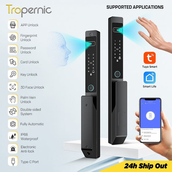 [New Grill Lock] 7 In 1 Tuya Smart Door Lock Fully Automatic Double Sided Lock 3D Face + Palm Recognition Waterproof Sliding Door Lock for Gate Door