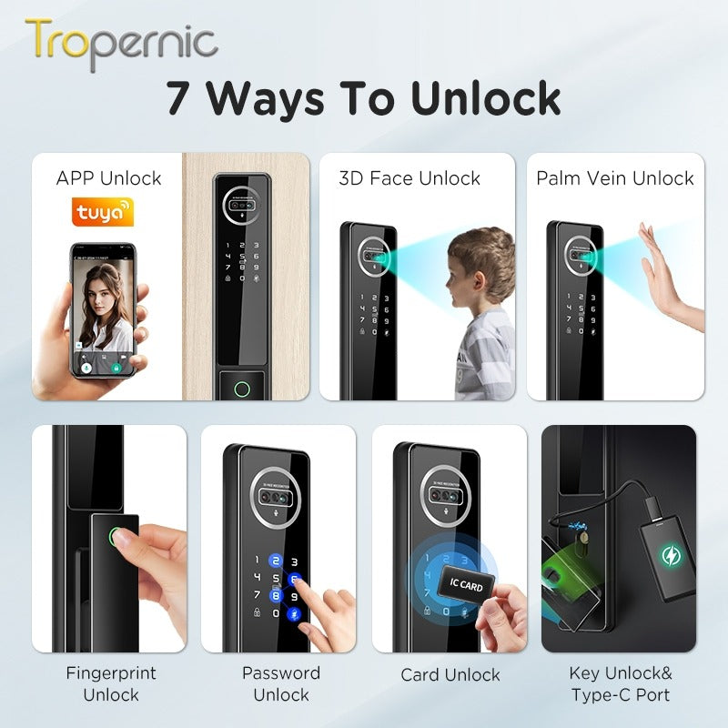 [New Arrival] 7 In 1 Tuya Smart Door Lock with Video Surveillance APP Remote Unlock Fully Automatic Fingerprint Digital Lock 3D Face Palm Unlock 6068 Security Door Lock