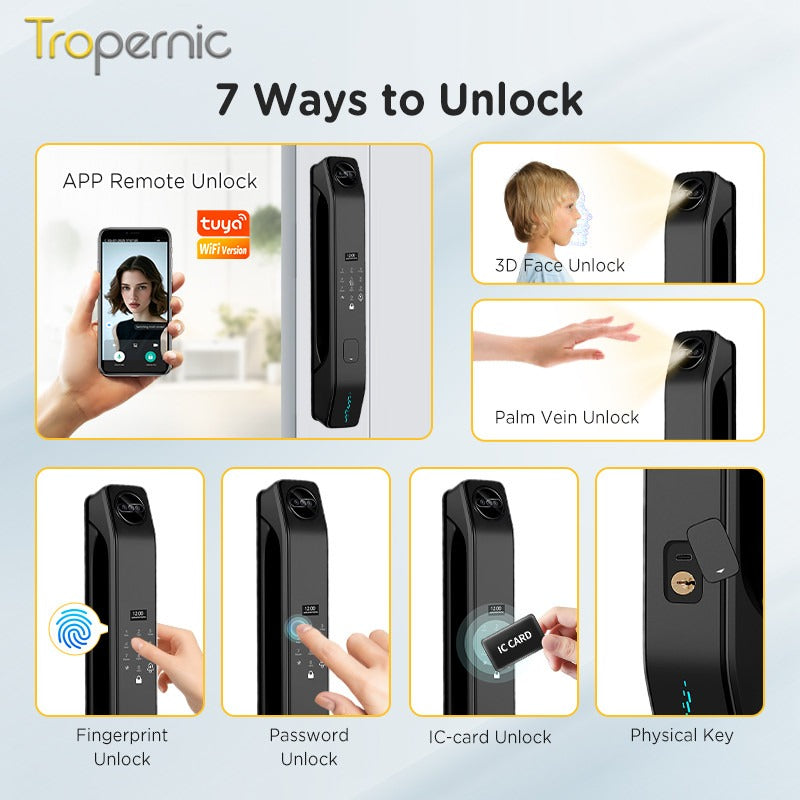 7 In 1 Tuya Smart Door Lock with HD Camera Video Surveillance APP Remote Unlock Fully Automatic Security Door Digital Lock Face Palm Print Unlock Kunci Pintu Rumah