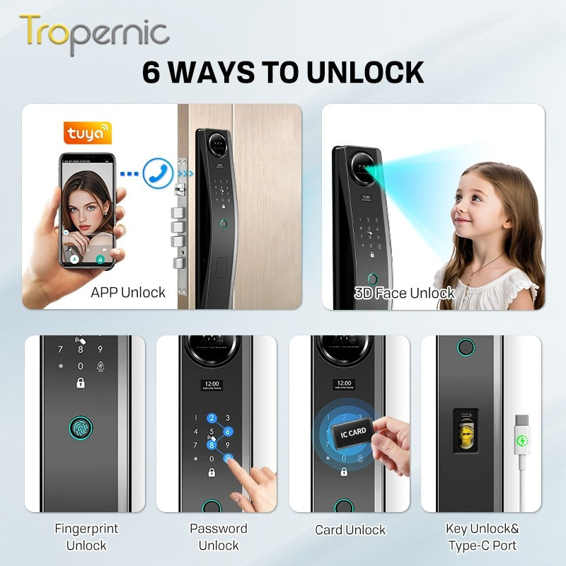 6 In 1 Tuya Smart Door Lock 3D Face Recognition Video Intercom Fully Auto Lock Pintu Rumah with Mechanical Deadlock APP Remote Unlock for Main Door