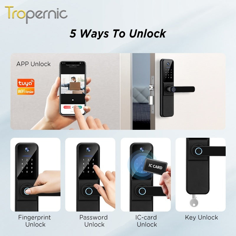 Tuya Smart Lock With Security Camera App Remote Unlock 5 In 1 Digital Lock With Doorbell For Home Fingerprint Password IC Card Key Unlock