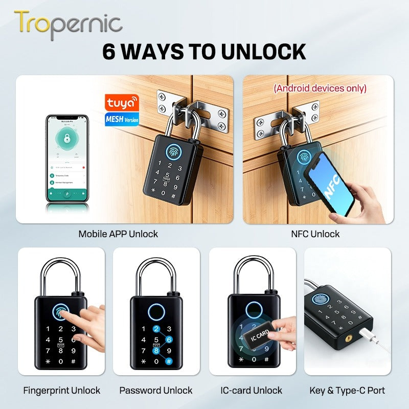 Heavy Duty Tuya BLE Smart Padlock with 10mm Shackle IP65 Waterproof 5 In 1 Fingerprint Padlock for Outdoor Warehouse APP Managed