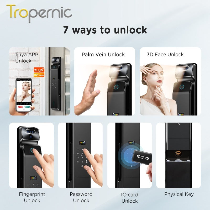 [Palmprint Unlock] 7 In 1 Tuya Smart Door Lock with Security Camera Video Surveillance 3D Facial Recognition Fully Automatic Digital Lock Intercom Security Door Lock