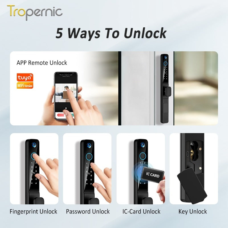 Tuya WiFi Smart Door Lock with Security Camera Fingerprint Sliding Door Lock with Electronic Anti Lock Button Security Password Digital Door Lock for Home