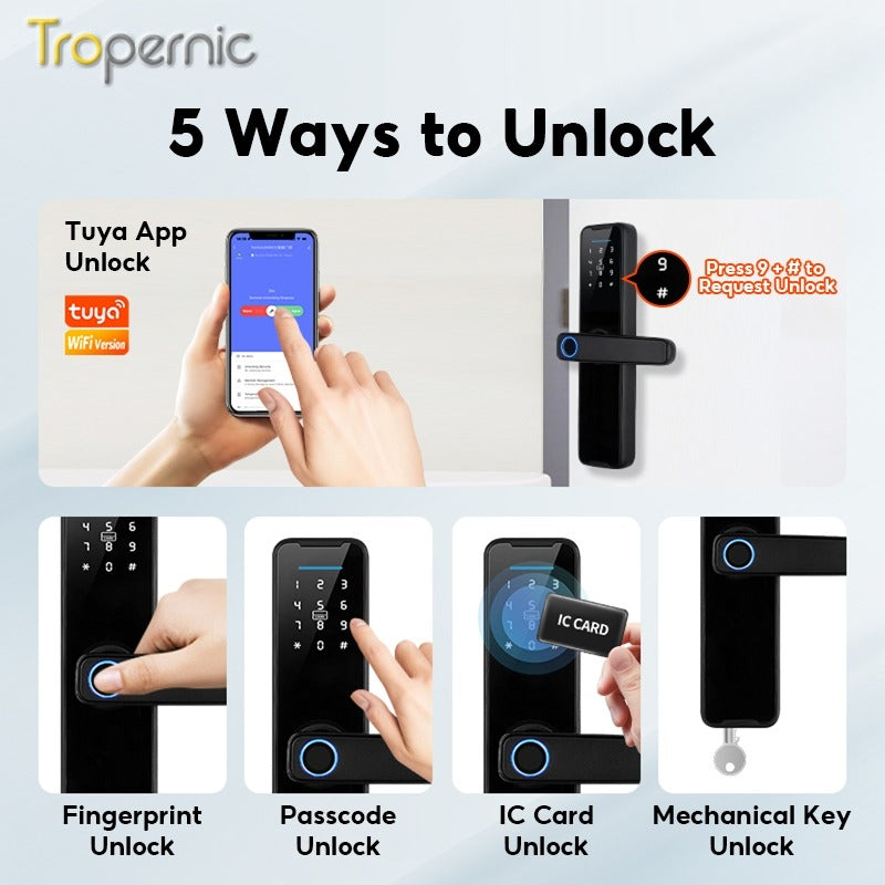 5 In 1 Tuya WiFi Smart Door Lock with Doorbell APP Remote Unlock Fingerprint Digital Lock Tombol Pintu Bilik Password Electronic Lock for Home Wooden Door