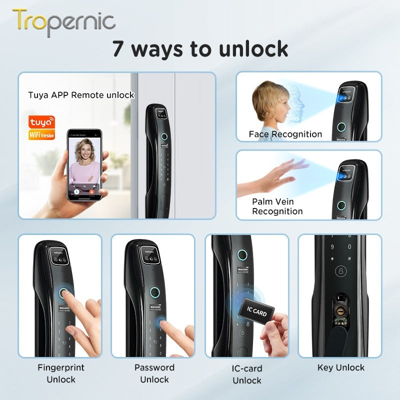 [Video Surveillance] 7 In 1 Tuya Smart Door Lock with HD Security Camera Fully Automatic Safety Door Digital Lock with Intercom Function