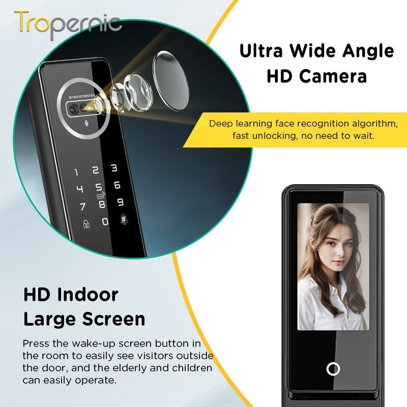 [New Arrival] 7 In 1 Tuya Smart Door Lock with Video Surveillance APP Remote Unlock Fully Automatic Fingerprint Digital Lock 3D Face Palm Unlock 6068 Security Door Lock