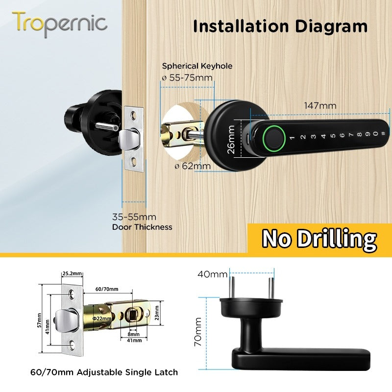 [No Drilling] 5 In 1 TTLOCK Digital Door Lock APP Remote Unlock Anti Theft Fingerprint Handle Password Smart Lock 60/70MM Single Latch For Bedroom Home Hotel