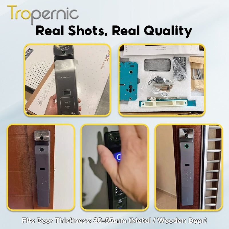 [Palmprint Unlock] 7 In 1 Tuya Smart Door Lock with Security Camera Video Surveillance 3D Facial Recognition Fully Automatic Digital Lock Intercom Security Door Lock