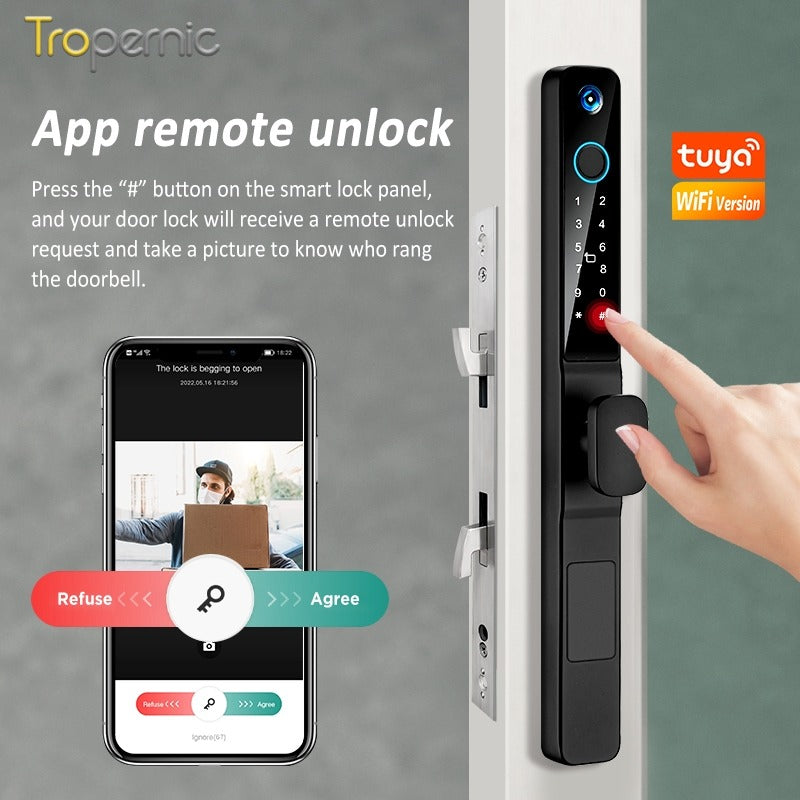 Tuya WiFi Smart Door Lock with Security Camera Fingerprint Sliding Door Lock with Electronic Anti Lock Button Security Password Digital Door Lock for Home