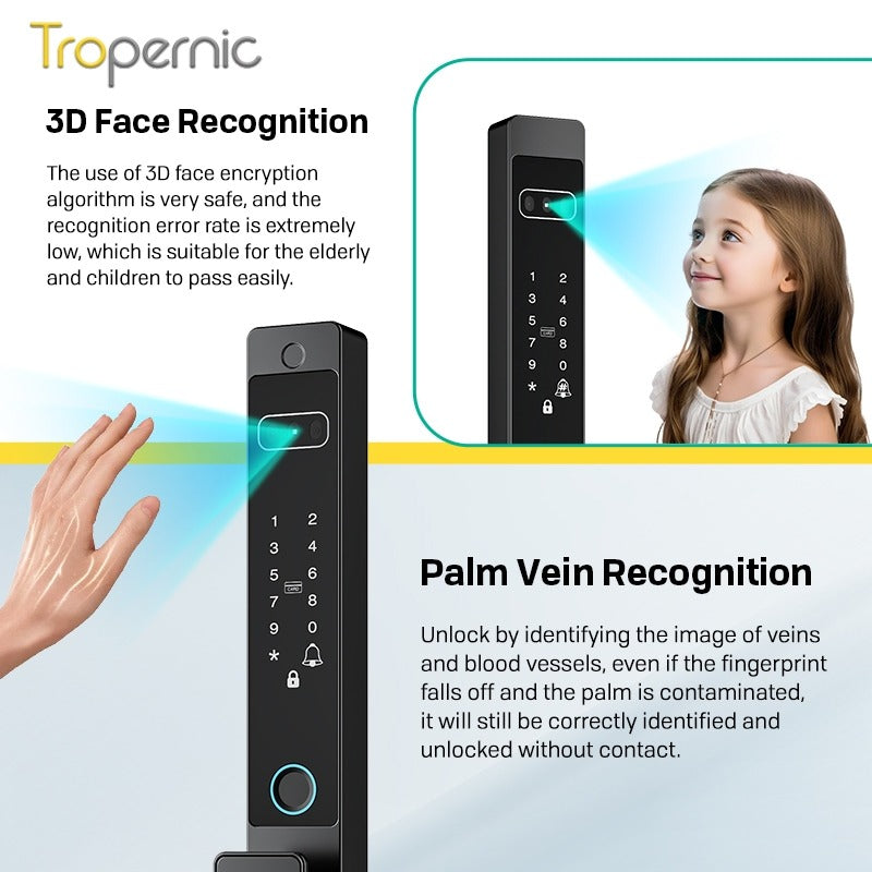 [New Grill Lock] 7 In 1 Tuya Smart Door Lock Fully Automatic Double Sided Lock 3D Face + Palm Recognition Waterproof Sliding Door Lock for Gate Door