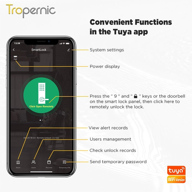 Tuya Smart Door Lock WiFi Remote Unlock Digital Password IC Card Biometric Fingerprint Unlock Fully Automatic Electric Deadbolt
