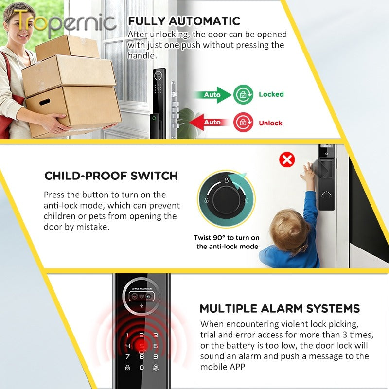 [New Arrival] 7 In 1 Tuya Smart Door Lock with Video Surveillance APP Remote Unlock Fully Automatic Fingerprint Digital Lock 3D Face Palm Unlock 6068 Security Door Lock