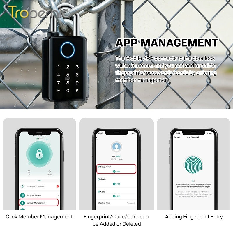 Heavy Duty Tuya BLE Smart Padlock with 10mm Shackle IP65 Waterproof 5 In 1 Fingerprint Padlock for Outdoor Warehouse APP Managed