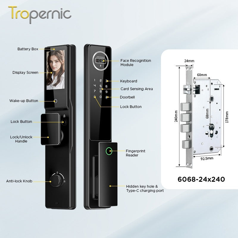 [New Arrival] 7 In 1 Tuya Smart Door Lock with Video Surveillance APP Remote Unlock Fully Automatic Fingerprint Digital Lock 3D Face Palm Unlock 6068 Security Door Lock