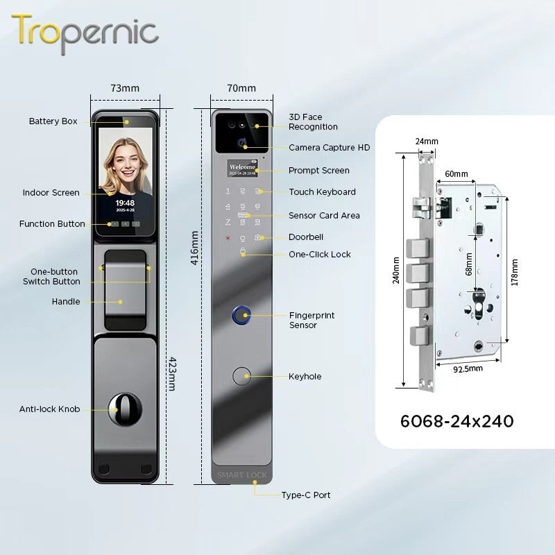 [Ready Stock] 7 In 1 Tuya Fully Automatic Smart Door Lock with HD Camera Palm Unlock Video Surveillance 6068 Security Door Lock APP Remote Unlock Keyless Digital Lock Support Two Way Intercom
