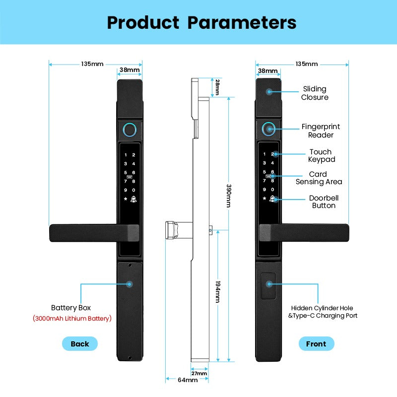 [Grill Door Smart Lock] Tuya Smart Door Lock Double Sided System Waterproof Digital Lock for Grill Door 5 In 1 Digital Lock with Doorbell Function for Sliding Door