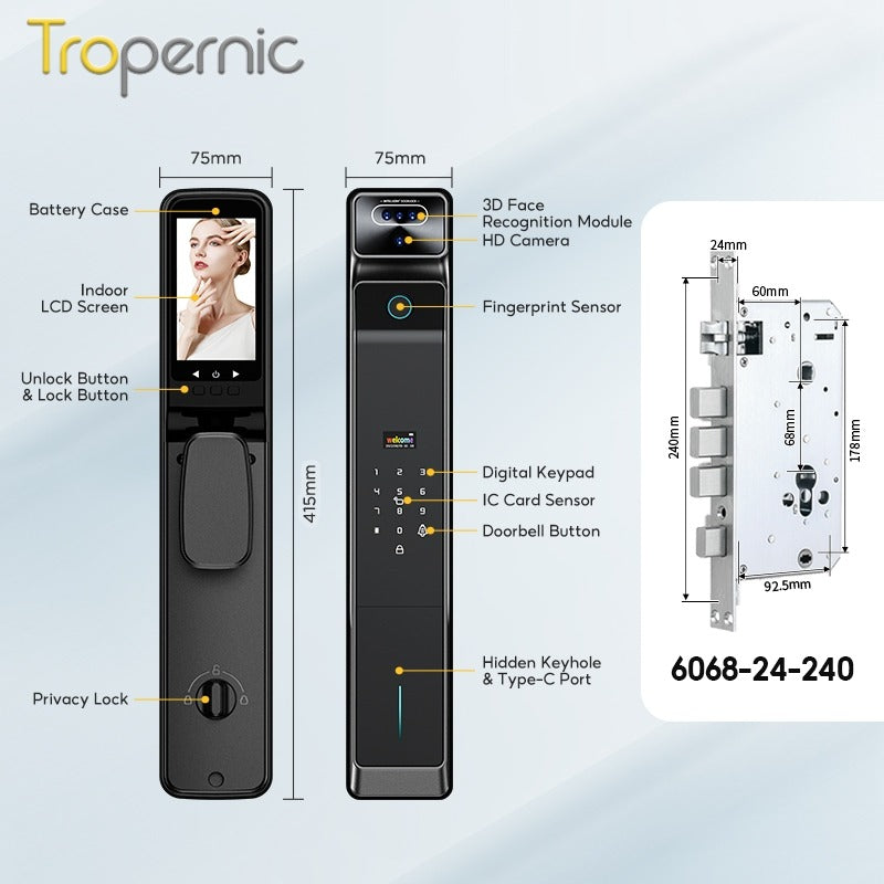 [Palmprint Unlock] 7 In 1 Tuya Smart Door Lock with Security Camera Video Surveillance 3D Facial Recognition Fully Automatic Digital Lock Intercom Security Door Lock