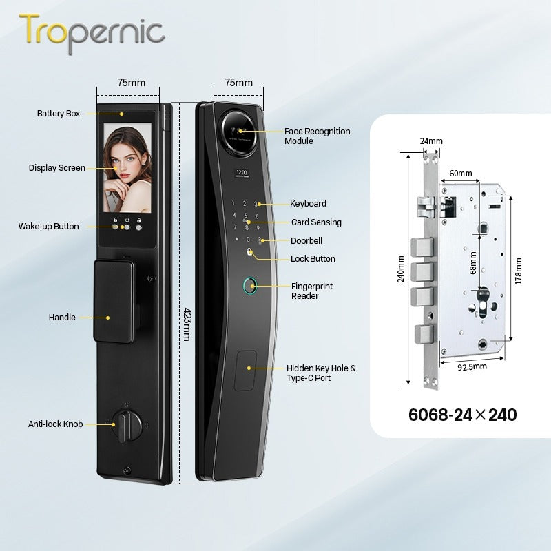 6 In 1 Tuya Smart Door Lock 3D Face Recognition Video Intercom Fully Auto Lock Pintu Rumah with Mechanical Deadlock APP Remote Unlock for Main Door