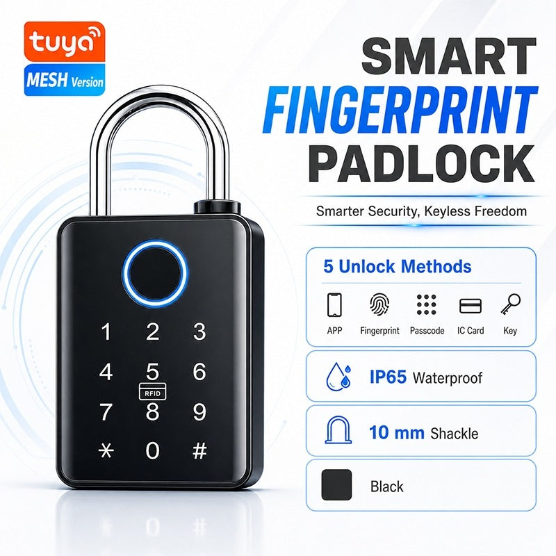 Heavy Duty Tuya BLE Smart Padlock with 10mm Shackle IP65 Waterproof 5 In 1 Fingerprint Padlock for Outdoor Warehouse APP Managed